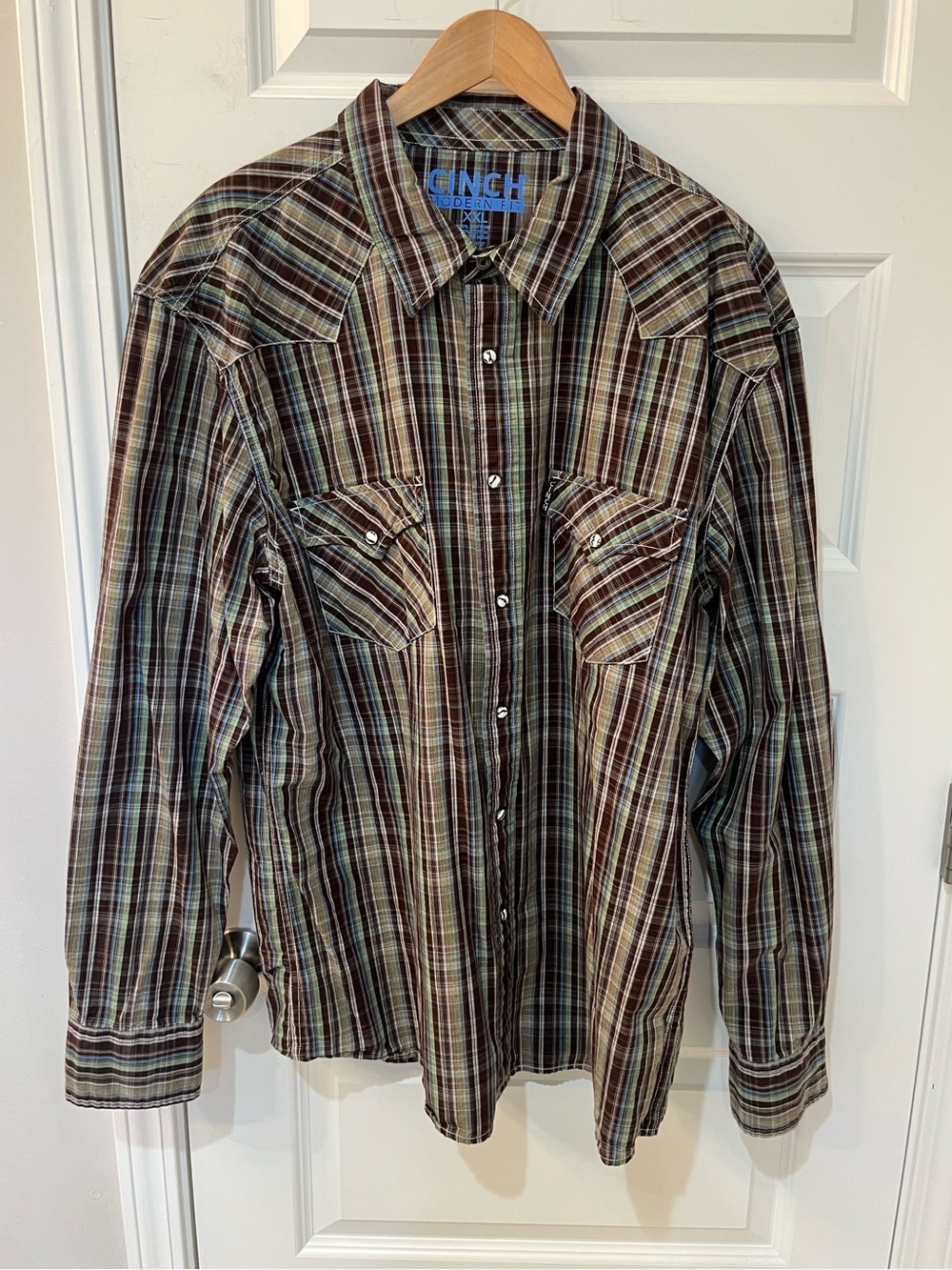 Cinch Modern‎ Fit Western Shirt Mens XXL Brown Green Plaid Pearl Snap Cotton LS